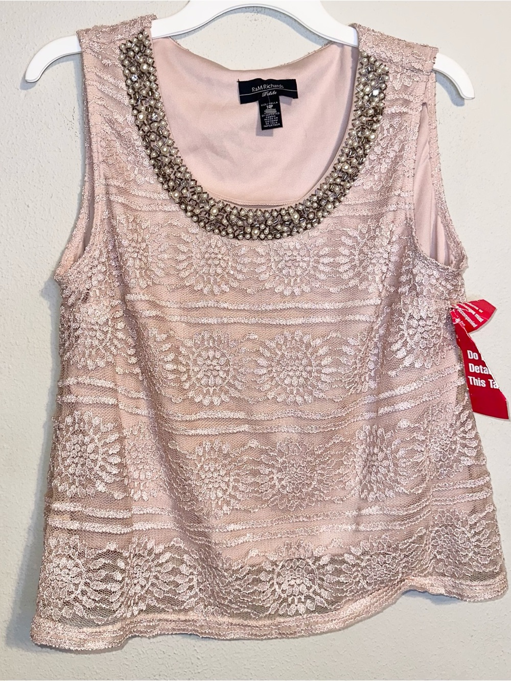 R&M Richards Pink Beaded Neckline Lace Top
